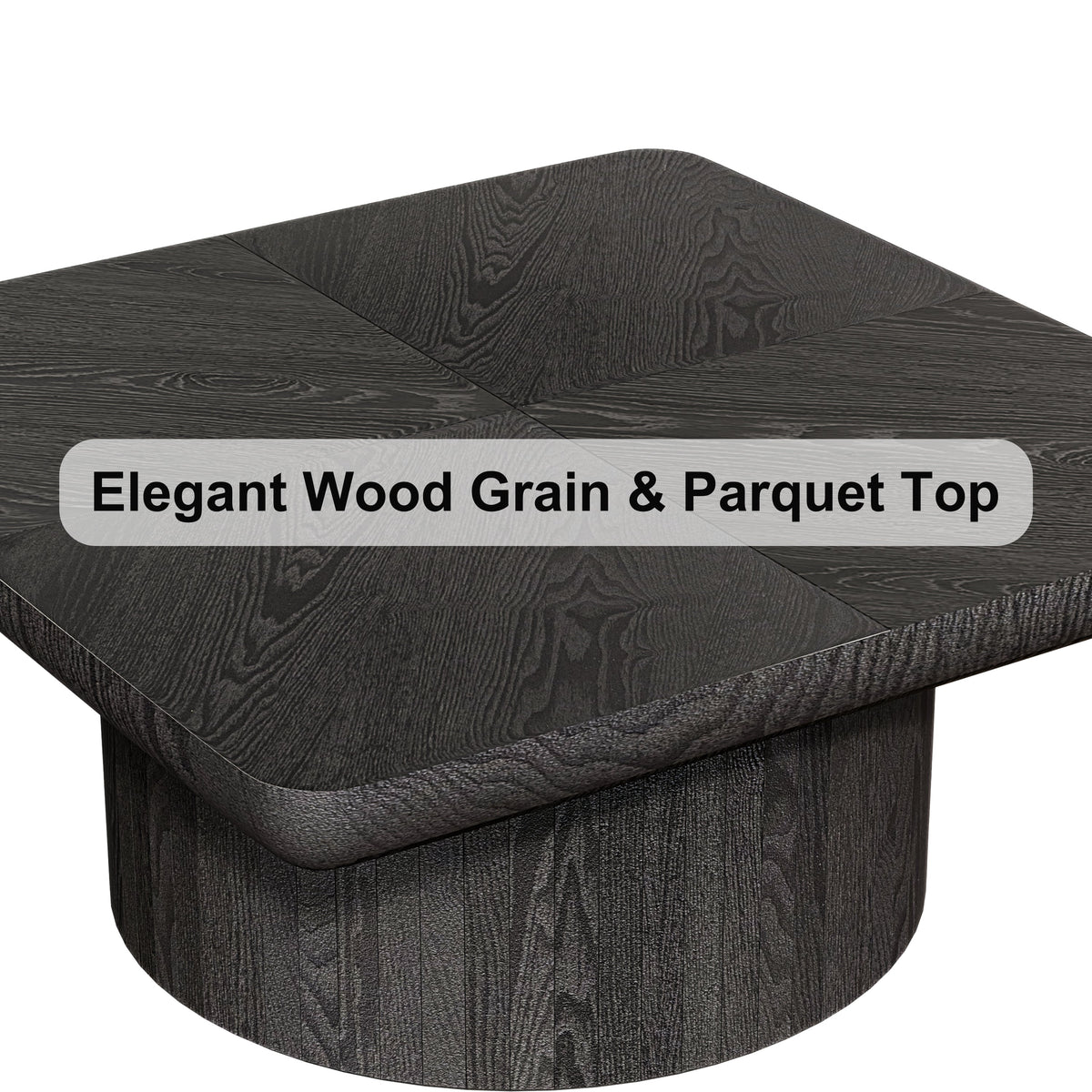 34.6'' Square Coffee Table for Living Room, Modern Wood Veneer Top with Parquet Pattern & Cylindrical Base, Thickened Tabletop, Easy Assembly, Natural Wood