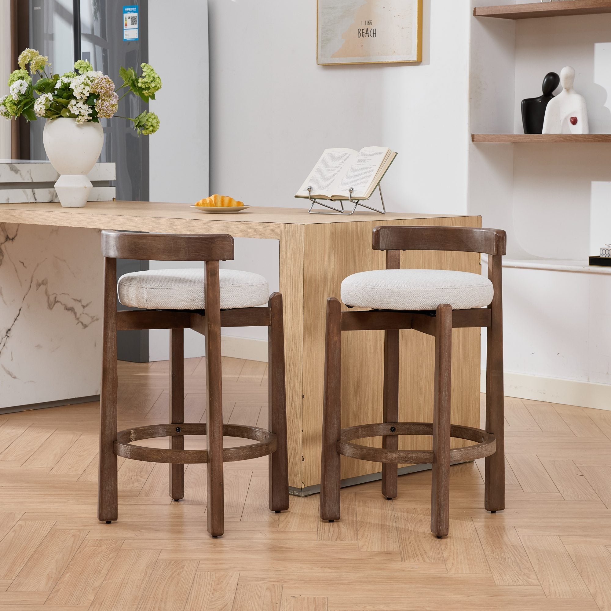 Set of 2 Swivel Counter Stools,Mid-Century Modern Bar Stools with Back,26 Inch Seat Height,Solid Wood Frame,Soft Linen Upholstered Bar Chairs with Footrest,Ideal for Kitchen Island,Beige,SW1882BG