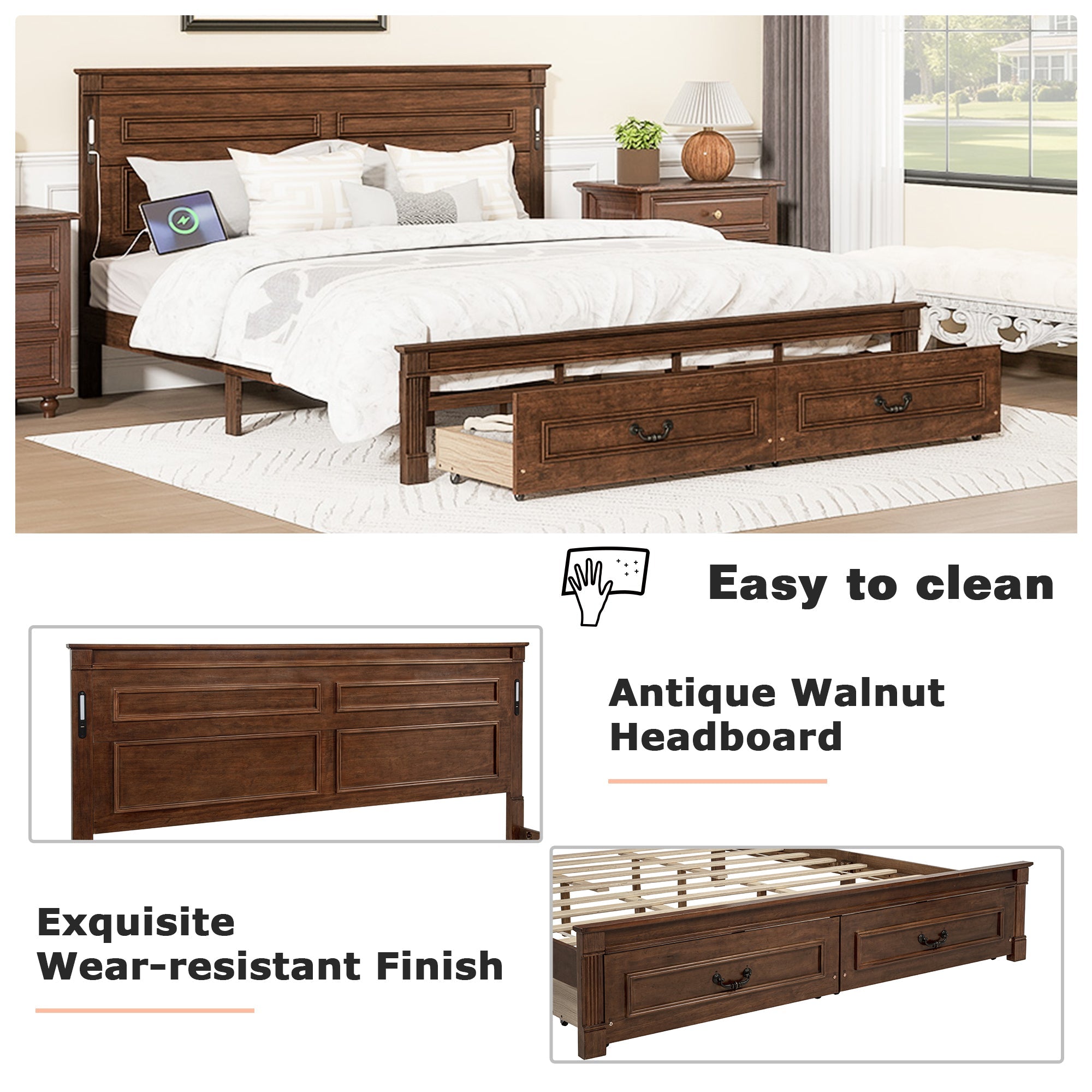 King Size Bed with Tall-Panel Headboard & Footboard, 2 Storage Drawers, Built-in LED Lights, USB Charging Station, Pinewood Bed with Strengthened Bed Frame ,White