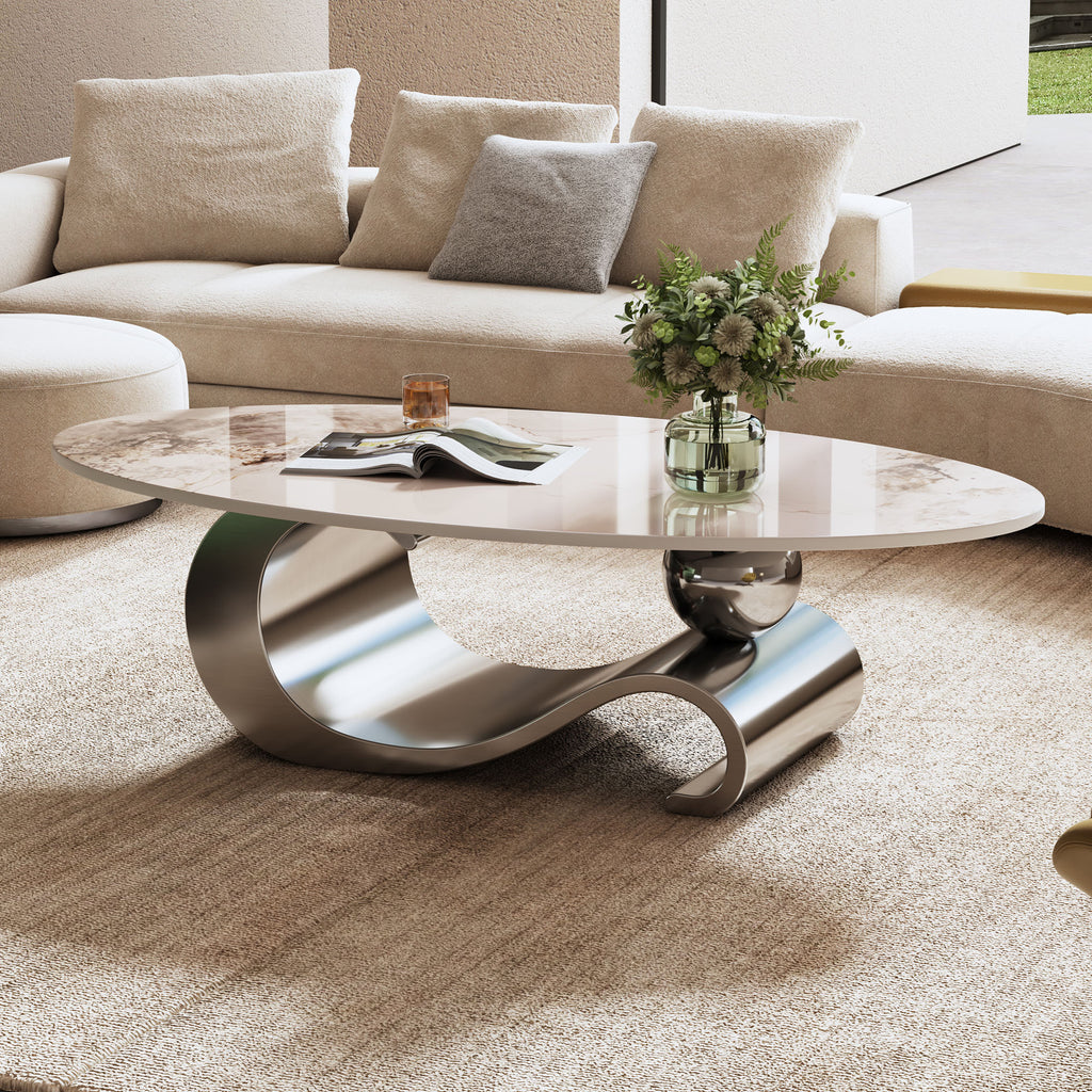 Contemporary faux marble center table living room full view