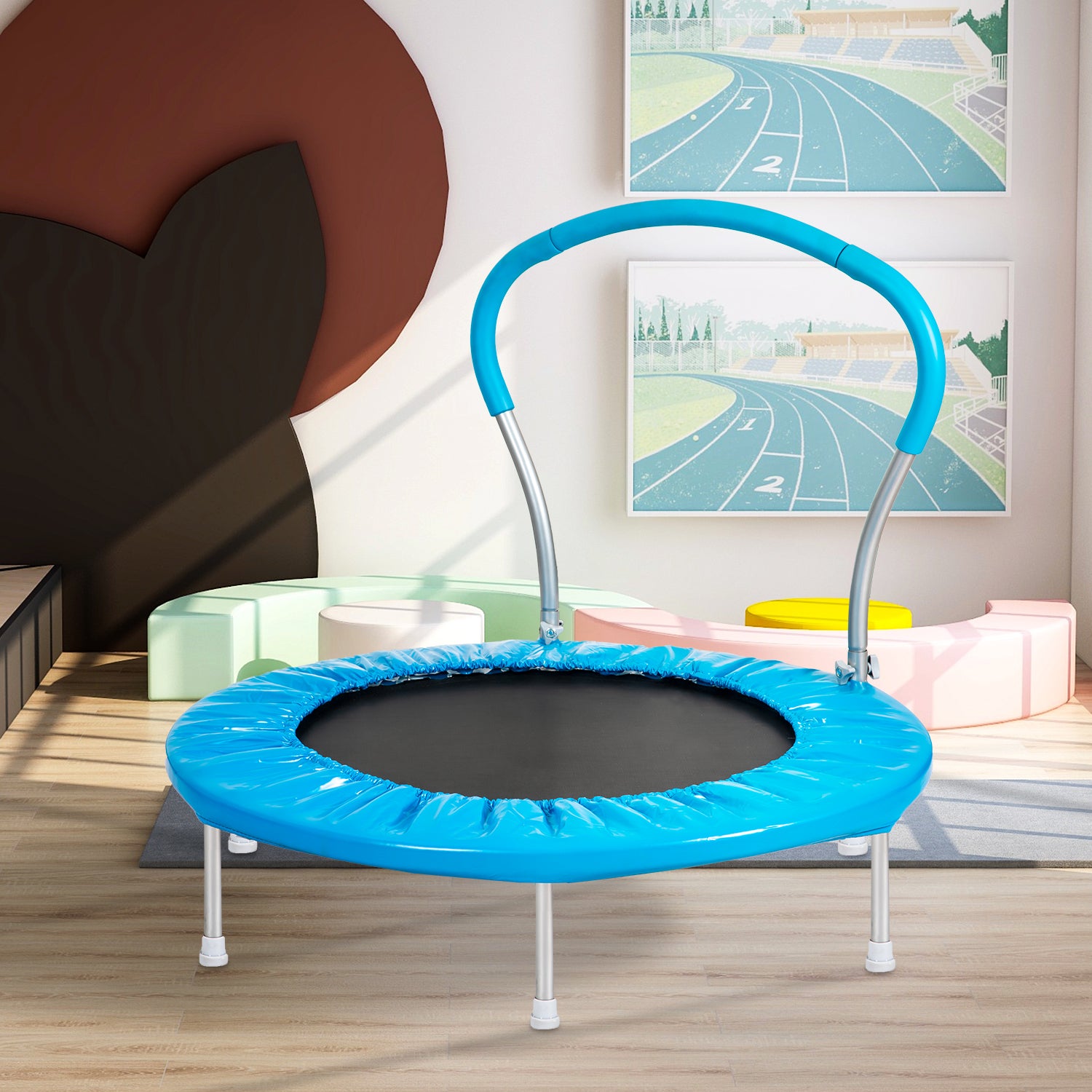 Blue 36-inch mini trampoline for kids with handle — front view