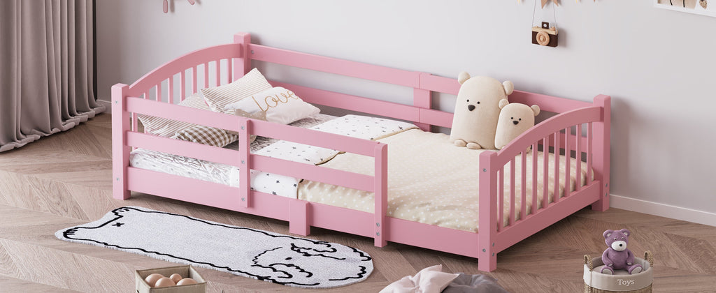 Twin Montessori Floor Bed with Slats and Safety Guardrails, Solid Wood Floor Bed with Fence and Without Door, Easy Assemble Montessori Bed for Girls and Boys, Gray