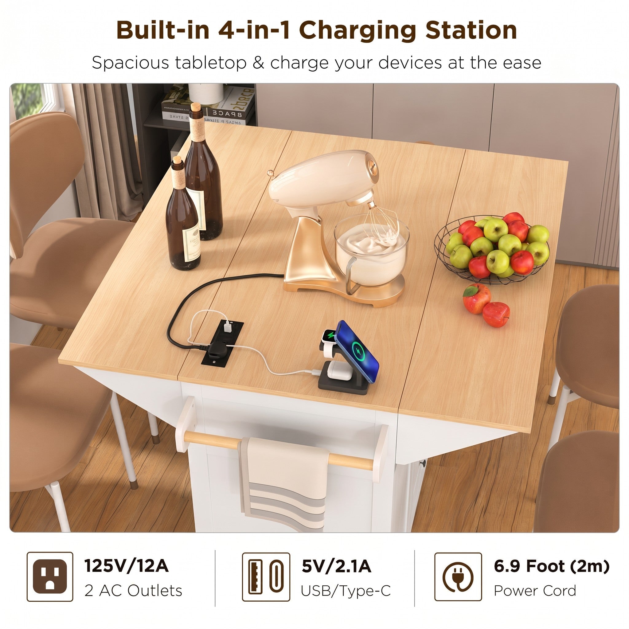 K&K 55.7'' Large Kitchen Island with 2 Drop Leaf,, Rolling Kitchen Cart on 5 Wheels with Power Outlet, Folding Storage Dining Table with Spice & Towel Rack , 3 Drawers, for Kitchen, Dining Room,Black