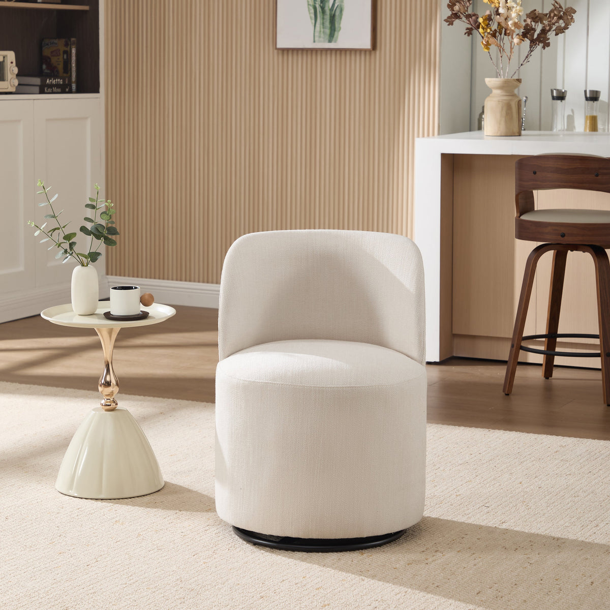 Set Of 1 Upholstered Kitchen & Dining Room Barrel Chair, Mid Century Modern Round Linen Dining Chair, 360 Degree Swivel Comfy Armless Accent Makeup Vanity Side Chair for Bedroom Living Room