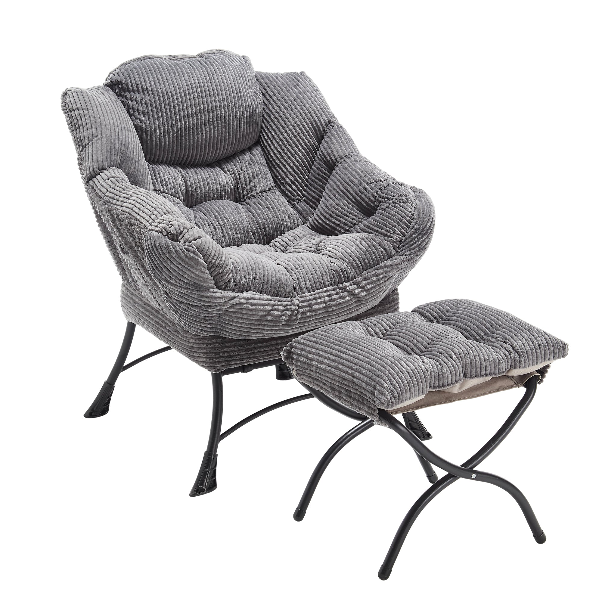 Gray lazy lounge chair and foldable footstool overview