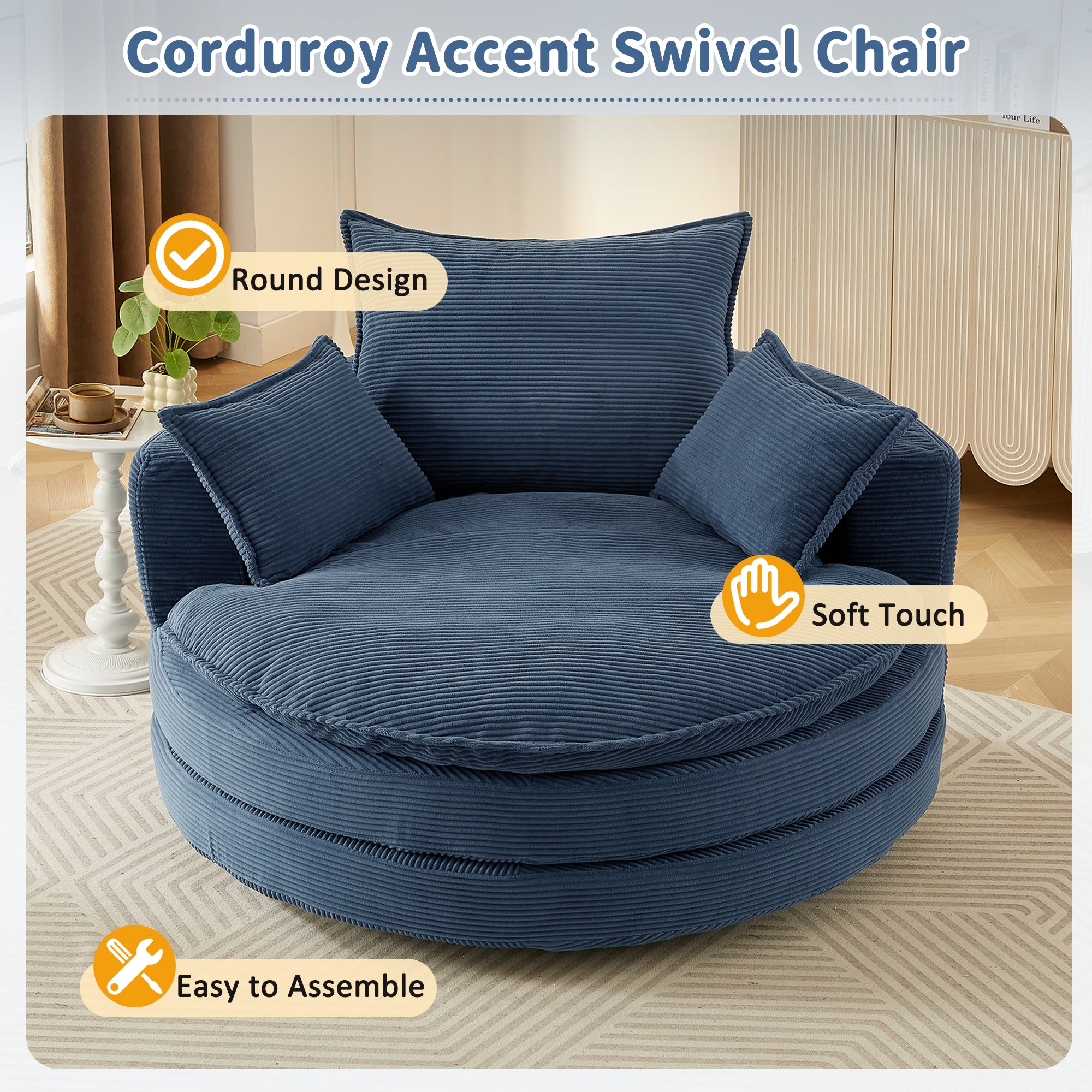 Corduroy swivel accent chair living room full view