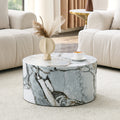A simple white marble textured cylindrical coffee table, 23.6 inches in diameter x 11.8 inches in height, MDF material living room furniture. Suitable for industrial style or minimalist living rooms.