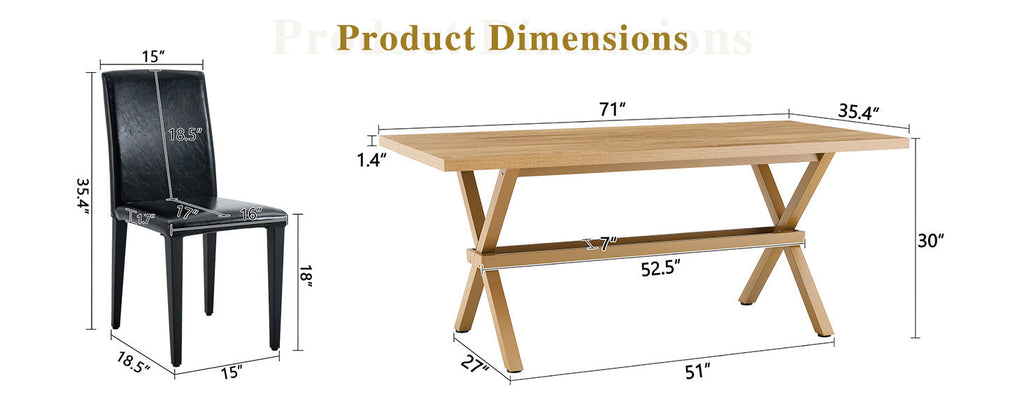 Table and chair set. 71 * 35.4 inch Wood grain MDF splicing desktop with X-shaped metal frame dining table.Includes 8 white PU dining chairs With Black Metal Legs.Making it an ideal choice for home.