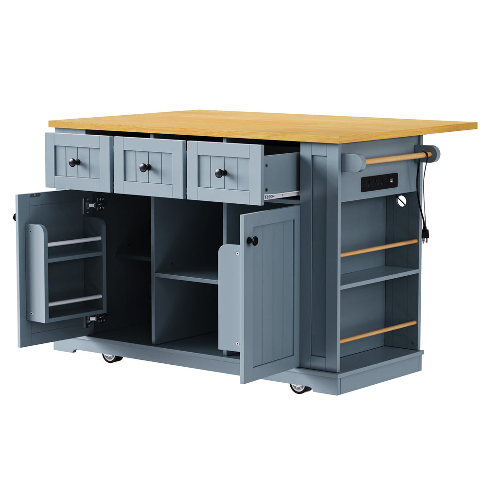 K&K 53inch Large Kitchen Island with Drop Leaf,Power Outlet,Door Internal Storage Rack,Rolling Kitchen Cart on 5 Wheels with 5 Open Side Racks for Kitchen,Black(Two Packages)(Stools not included)