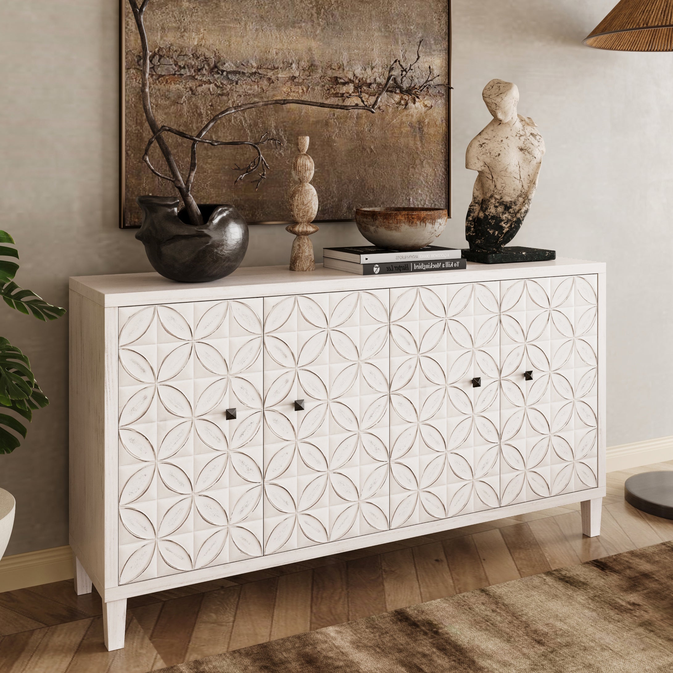 4-door circle-pattern sideboard white washed — angle view