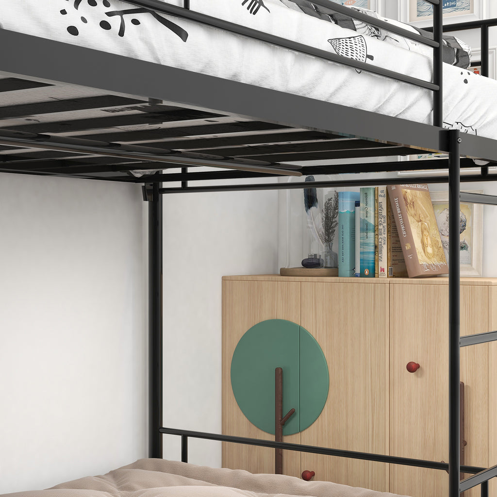 Twin over twin metal bunk bed in kids bedroom setting