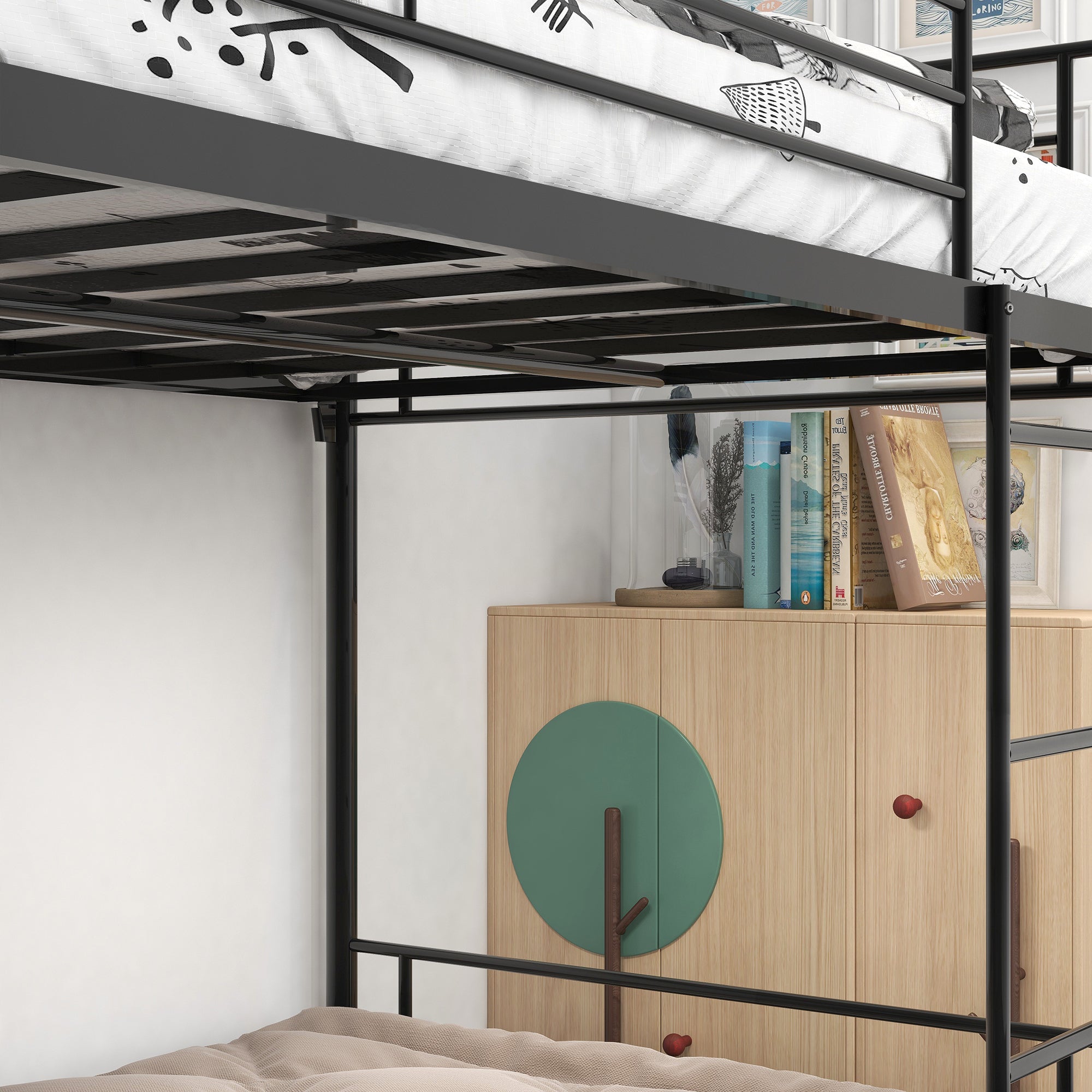 Twin over twin metal bunk bed in kids bedroom setting