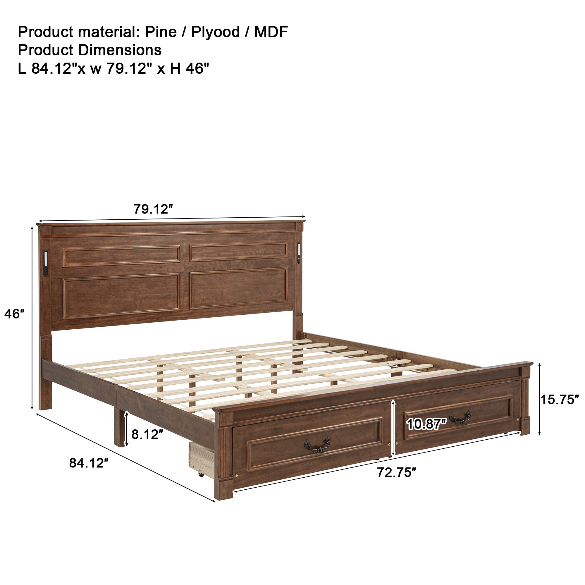 King Size Bed with Tall-Panel Headboard & Footboard, 2 Storage Drawers, Built-in LED Lights, USB Charging Station, Pinewood Bed with Strengthened Bed Frame ,White