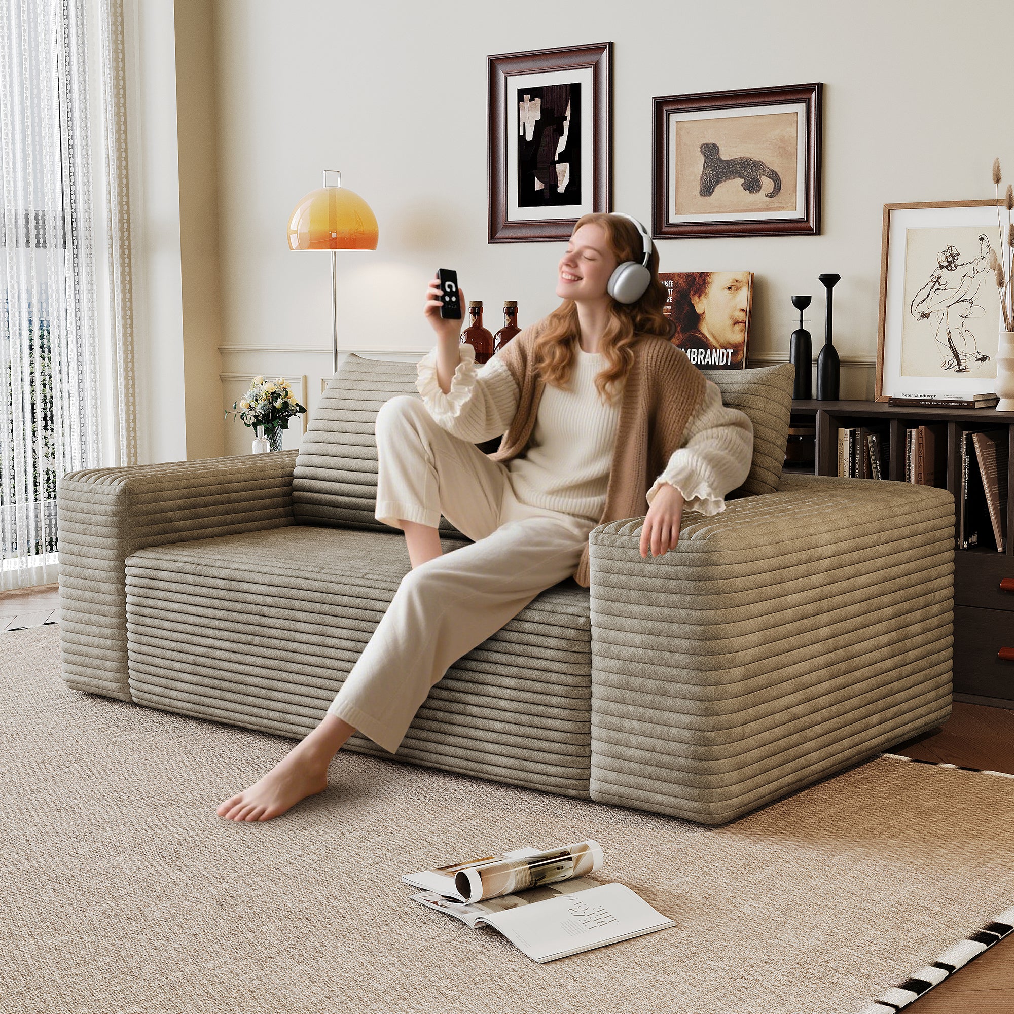 63-inch camel corduroy loveseat — angle view
