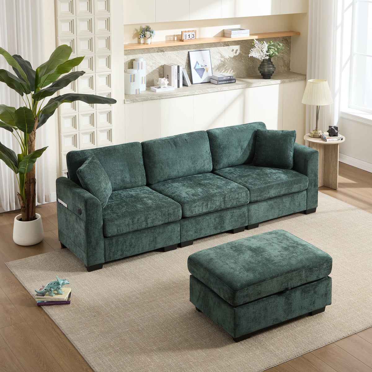 Modern Storage Sofa with Dual USB, 2 Side Pockets,Ottoman Storage Bench Cloud Sectional Chenille Sofa Oversized,4-Seat, L-Shaped Couch,Black