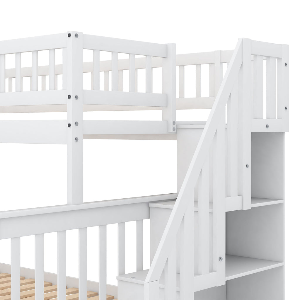 Twin over Full Stairway Bunk Bed with Side Shelves & Storage — Pine Wood