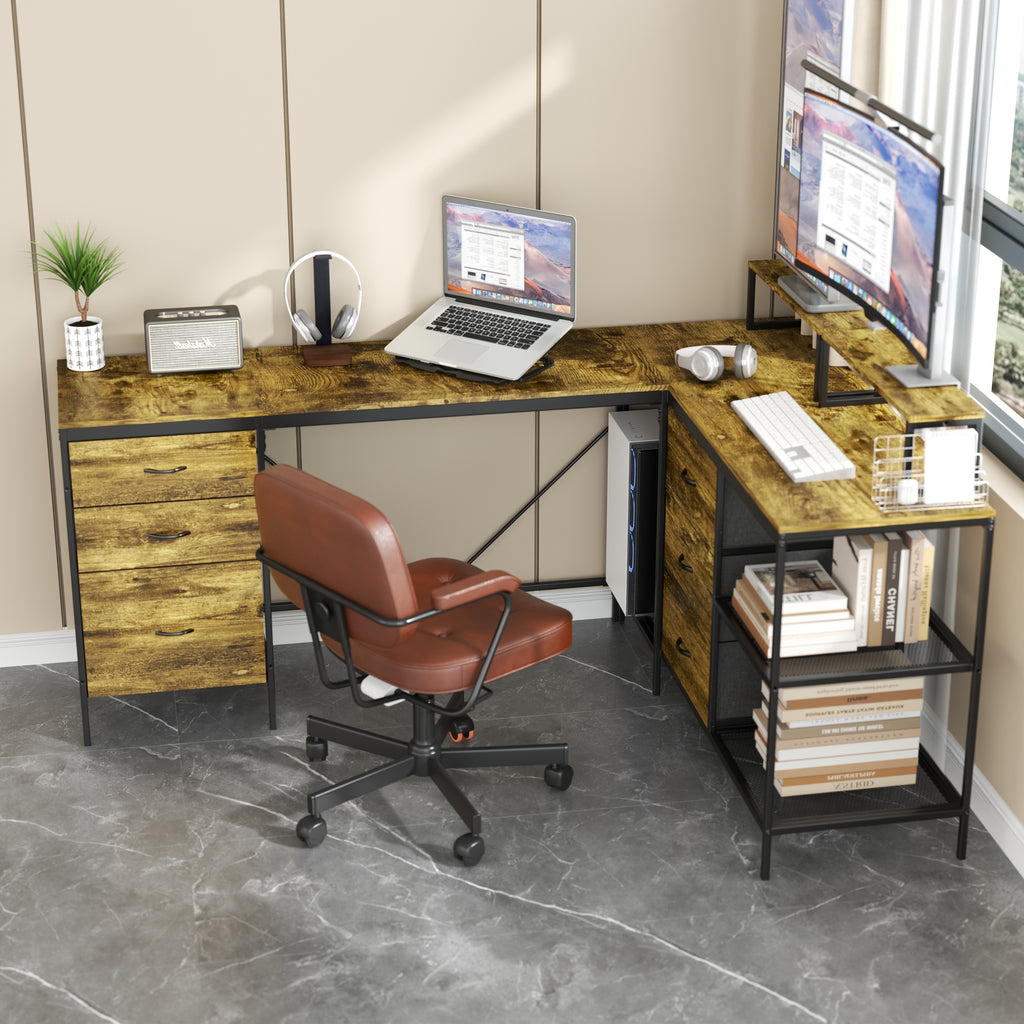 Industrial office desk drawer and shelf organization detail