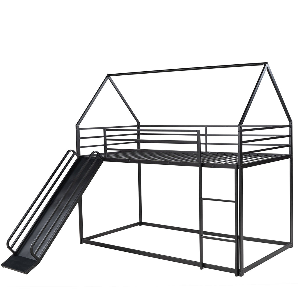 Twin-over-Twin House Bunk Bed with Slide & Ladder — Metal Frame