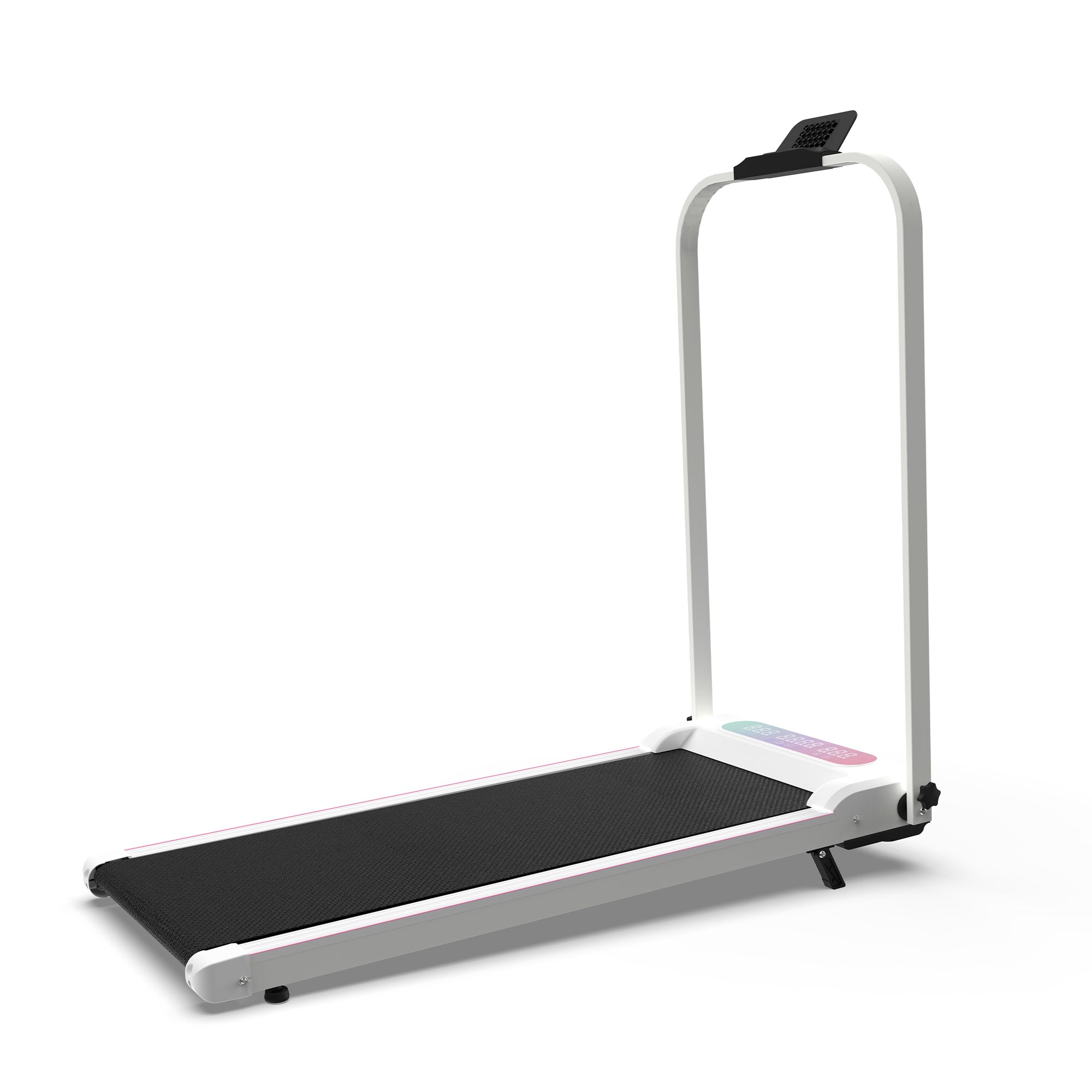 White home office treadmill beside desk workstation