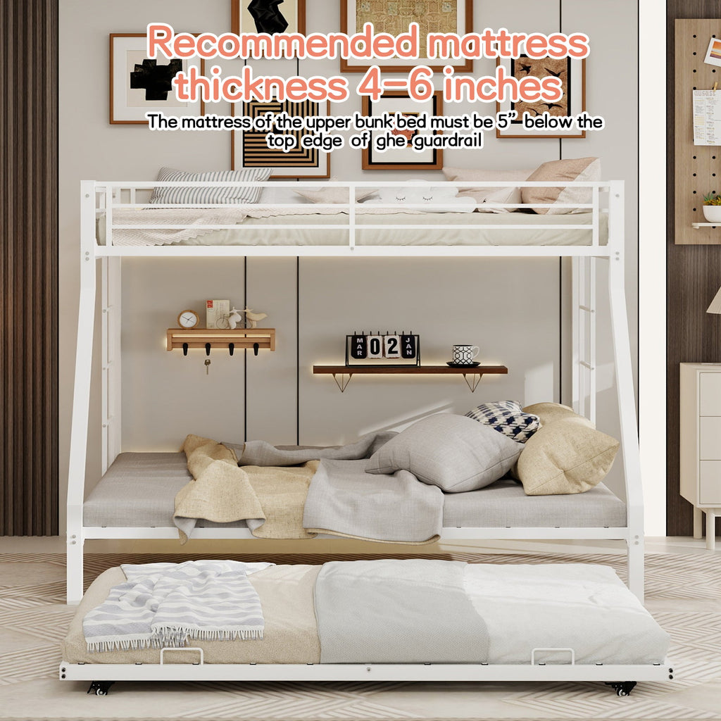 Modern Minimalist Square Tube Iron Bunk Bed with Ladder and Rolling Trundle, Full Size 137cm x 190cm, Black
