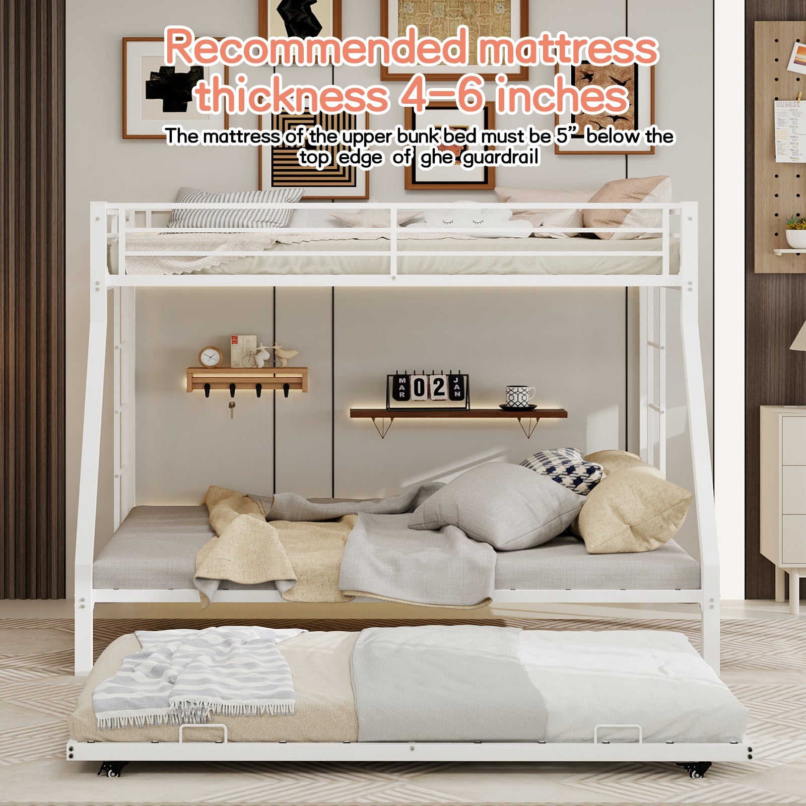 Modern Minimalist Square Tube Iron Bunk Bed with Ladder and Rolling Trundle, Full Size 137cm x 190cm, Black