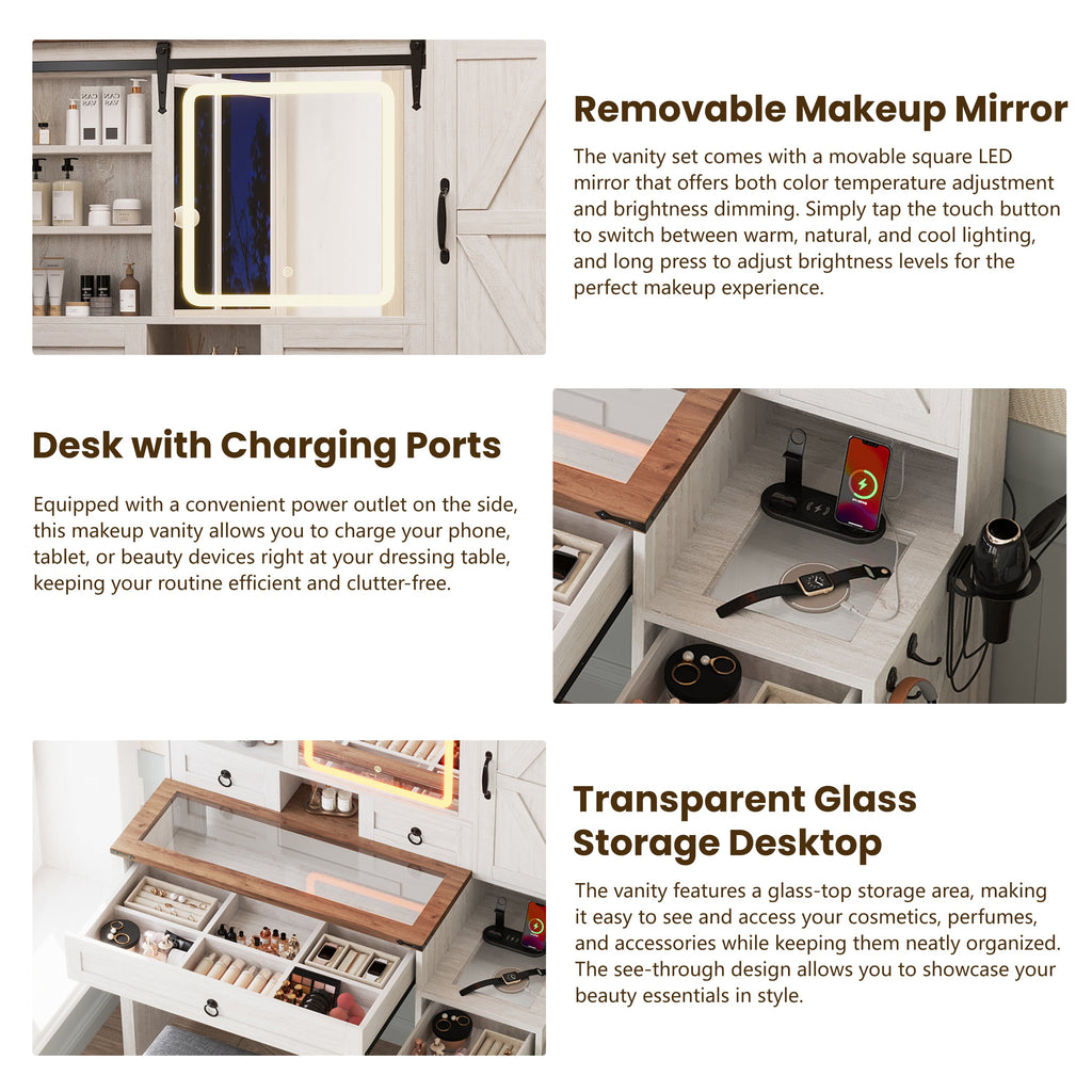 Farmhouse Vanity Desk with Sliding Mirror and Lights, Vanity Set with Glass Top and Charging Station ,Dressing Table with 4 Drawers and 2 Cabinets, Dressing Table with Stool for Bedroom, Gray