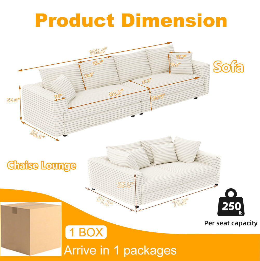 102.4 'Plush Corduroy 4-Seat Sofa,Modern Comfy Upholstered Sofa Cloud Couch,Deep Seat Couches with Soft Pillows and 3 Ottomans,Convertible Sofa Lounge Chair,Black(Old SKU:W1885S00287)