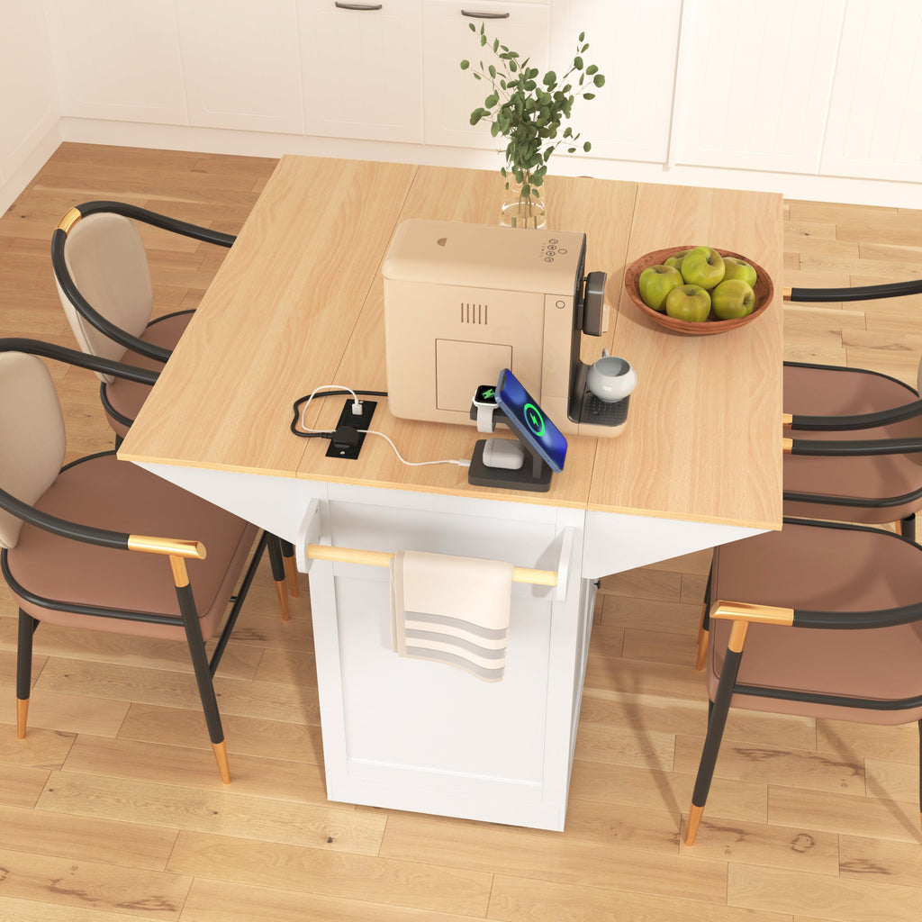 K&K 55.7'' Large Kitchen Island with 2 Drop Leaf,, Rolling Kitchen Cart on 5 Wheels with Power Outlet, Folding Storage Dining Table with Spice & Towel Rack , 3 Drawers, for Kitchen, Dining Room,Black