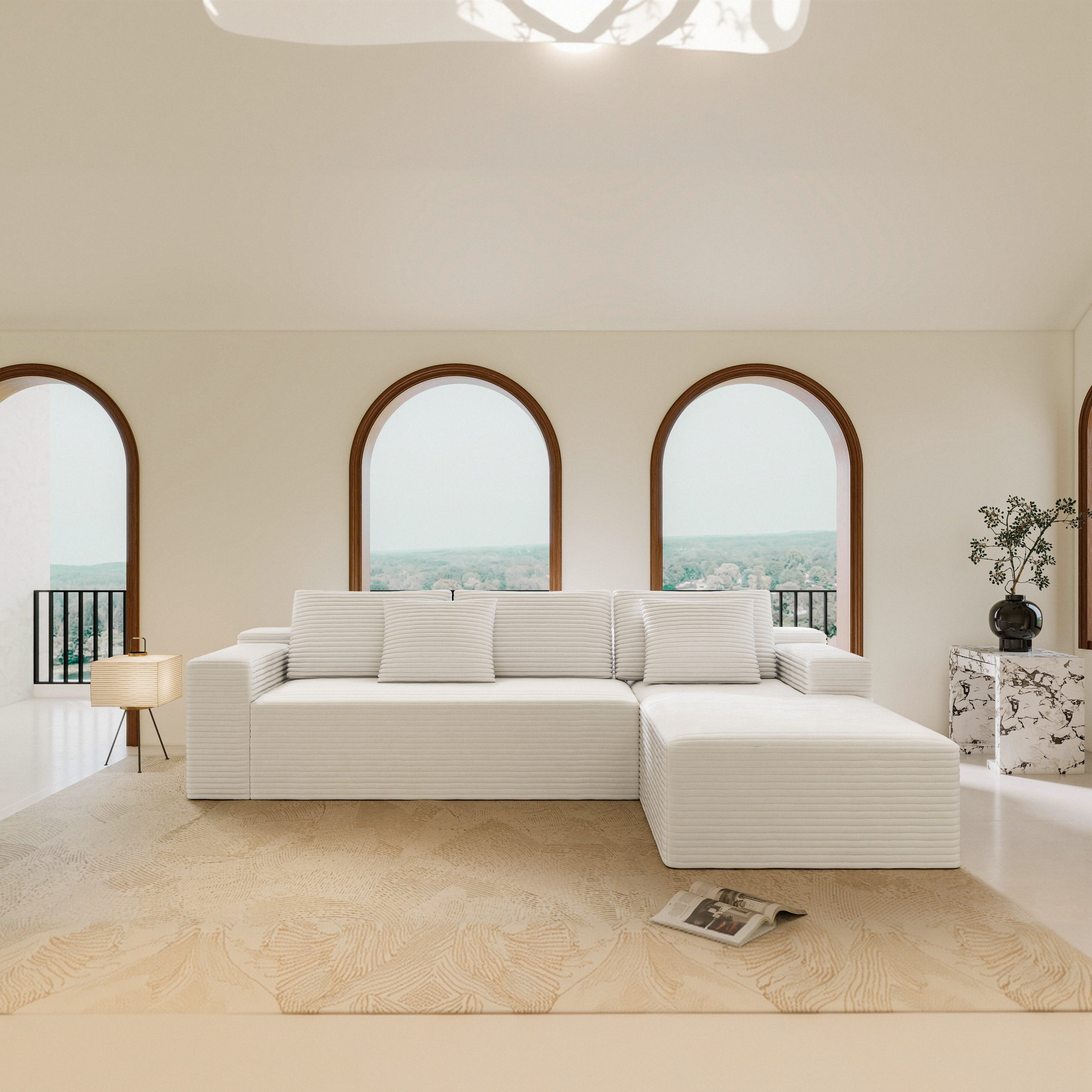 White corduroy sectional with chaise lounge — side profile