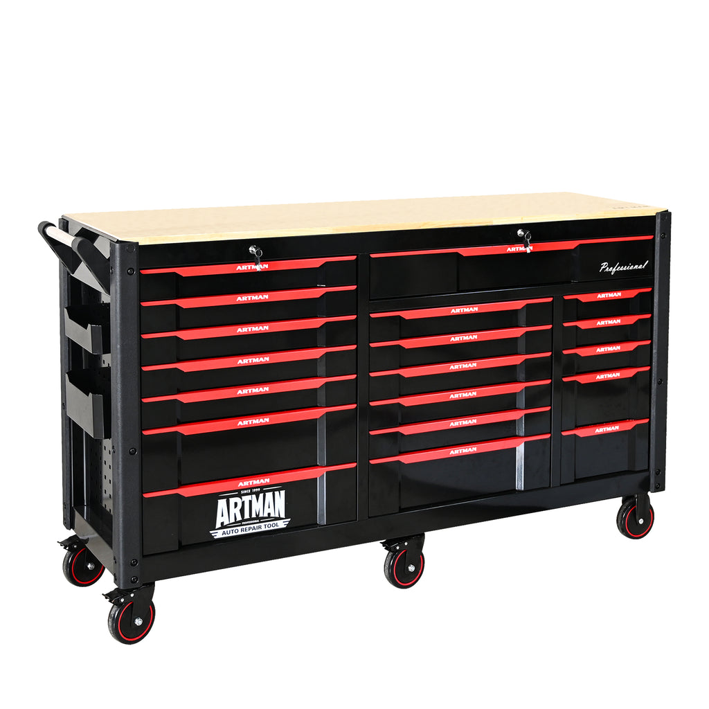 Black and red 19-drawer heavy-duty tool cart — front view