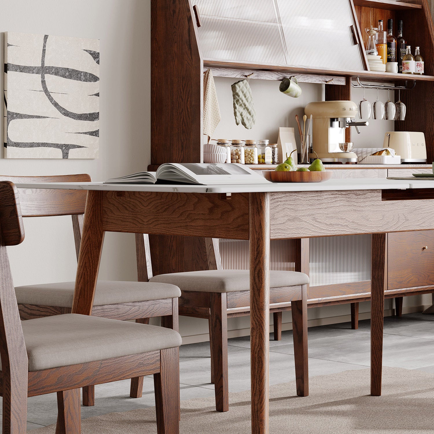 Extendable dining table expanded seating layout setting