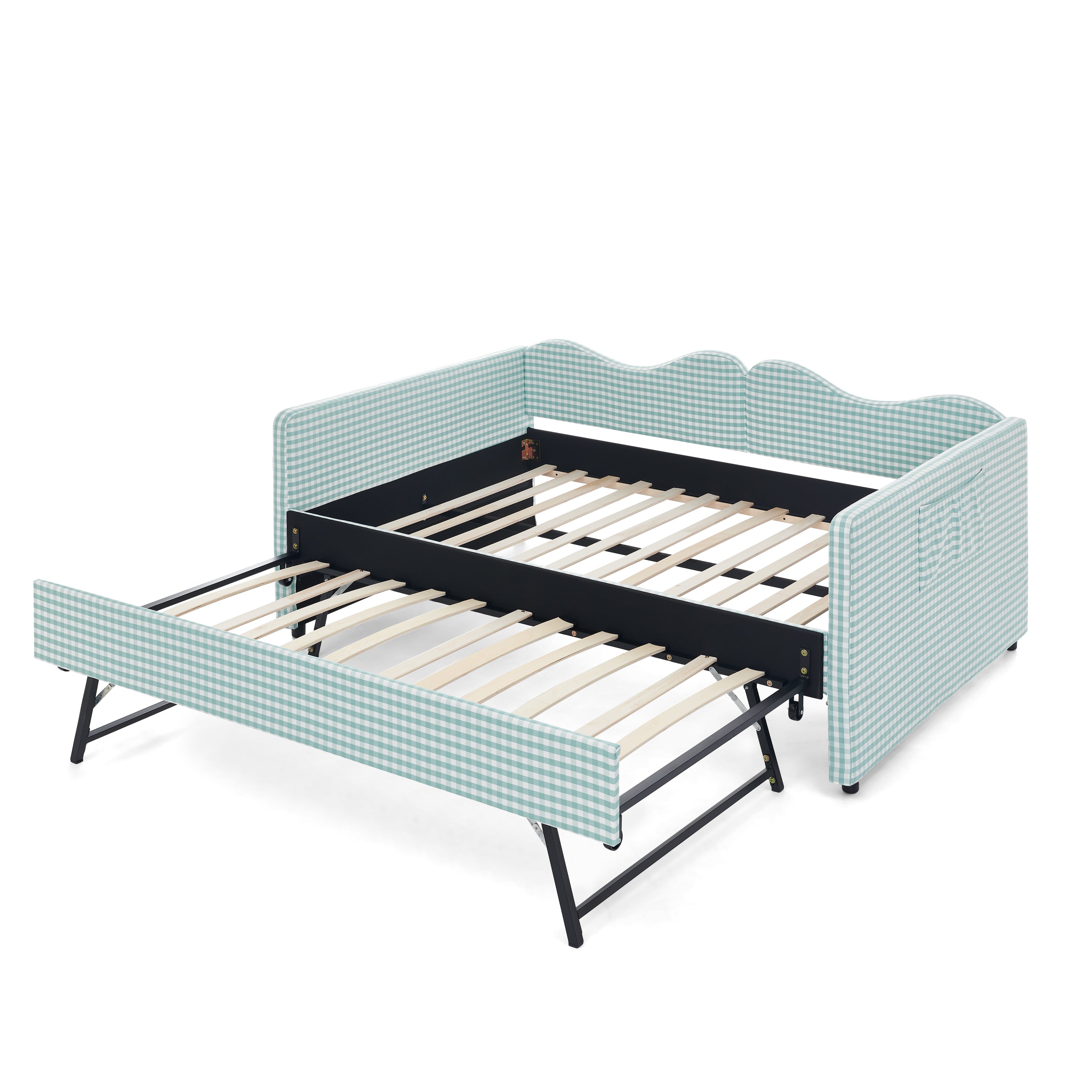 Full‑Size Daybed,Gingham Upholstered Daybed Equipped with Pull-Out Trundle Bed Frame & Side Storage Pocket, Solid Wood Frame Multi-Functional Sofa Bed for Kids Room & Guest Bedroom-PINK