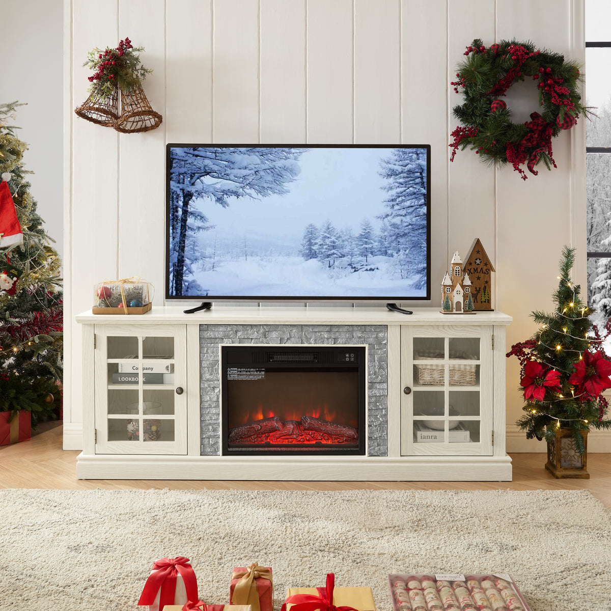 70' Modern TV Stand with 2-Door Storage & 23' Electric Fireplace, Faux Stone Media Console Cabinet, White Large Entertainment Center for Living Room