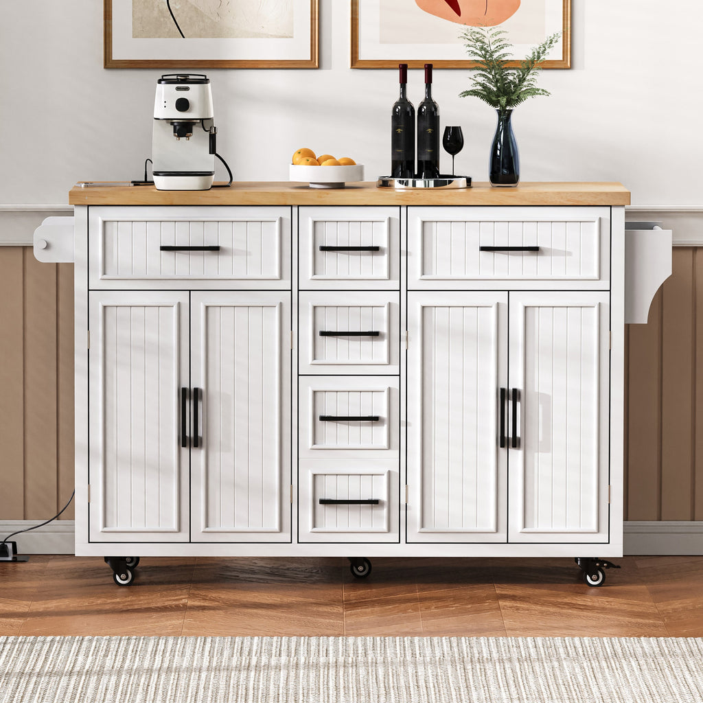 K&K 56.5'' Kitchen Island with Drop Leaf, Power Outlet, Embossed Vertical Stripe Rolling Kitchen Cart on Wheels with 4 Doors , 5 Deep Drawers and Adjustable Shelves, for Kitchen, Dining Room, Black