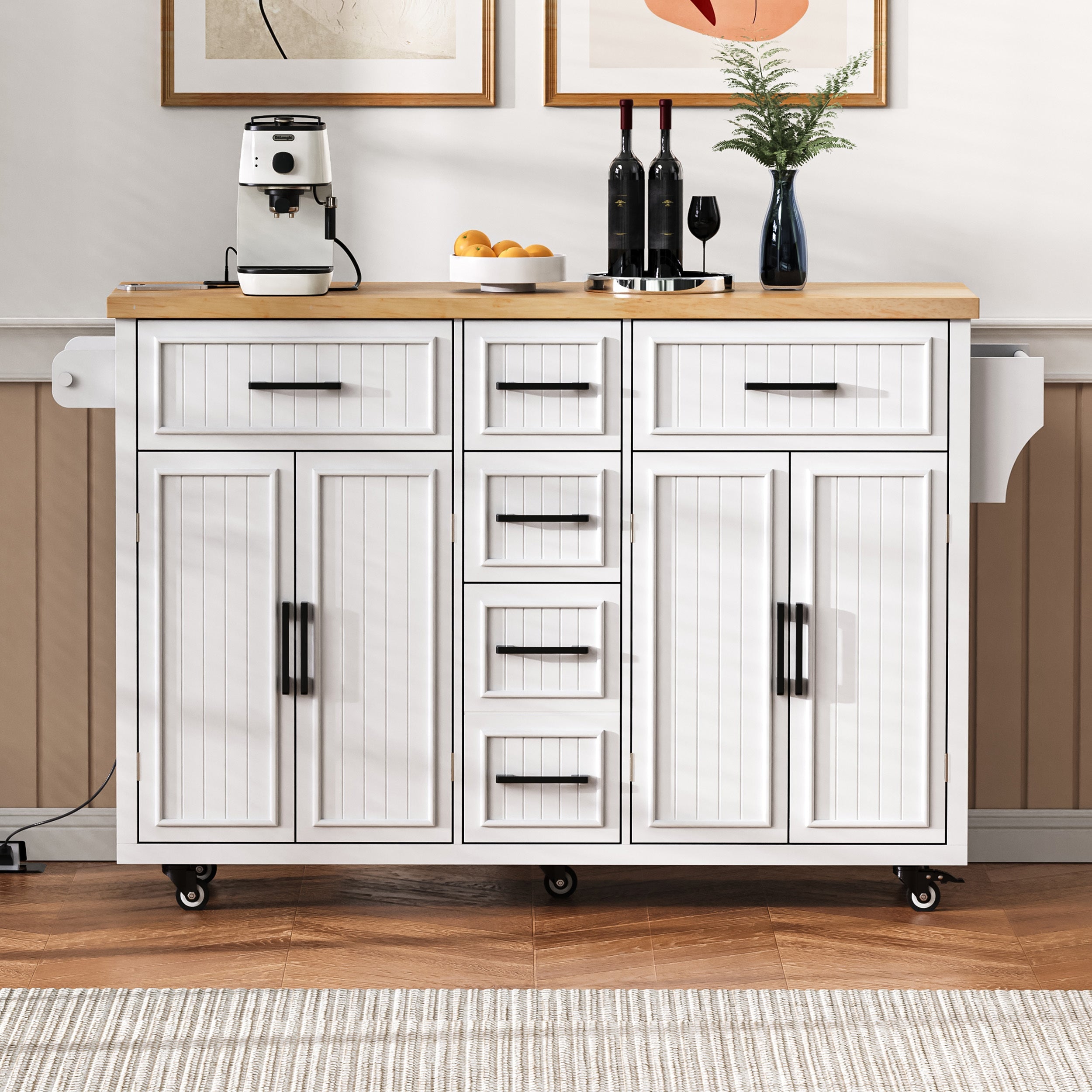 K&K 56.5'' Kitchen Island with Drop Leaf, Power Outlet, Embossed Vertical Stripe Rolling Kitchen Cart on Wheels with 4 Doors , 5 Deep Drawers and Adjustable Shelves, for Kitchen, Dining Room, Black