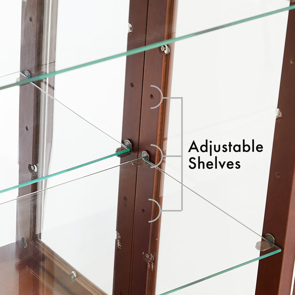 Tempered glass shelf curio cabinet adjustable height detail