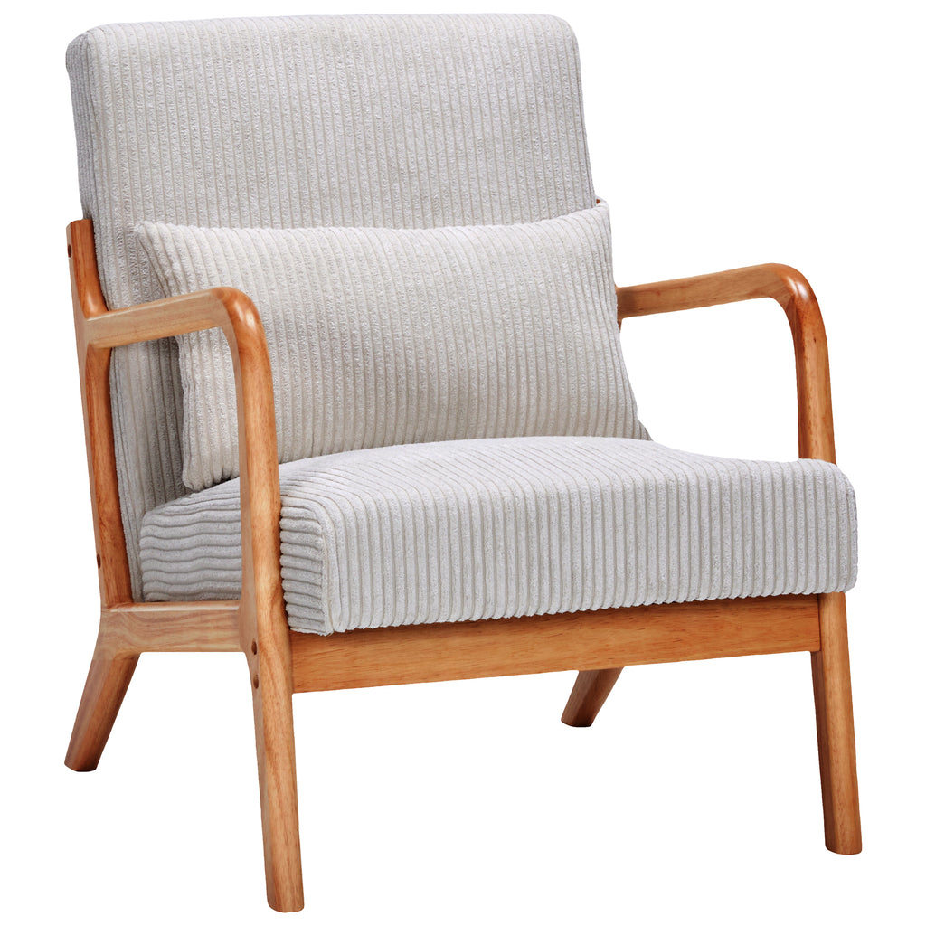 Beige polyester mid-century accent chair with pillow — front view