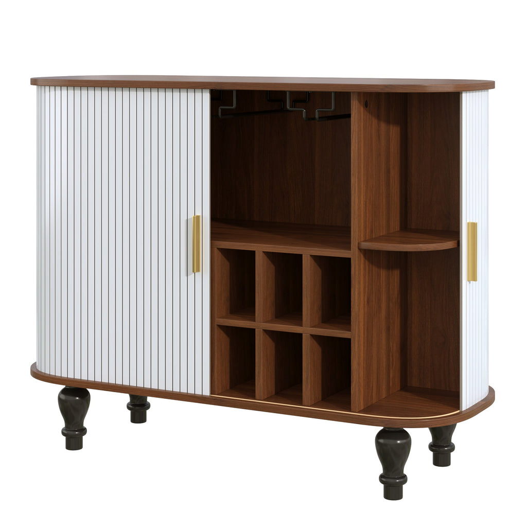 39' Fluted Liquor & Coffee Bar Cabinet with 6 Wine Racks and 3 Glass Holders, Mid-Century Modern Bar Cabinet with A Large Storage Drawer ,4 Hidden Storage Space on the Side , Black