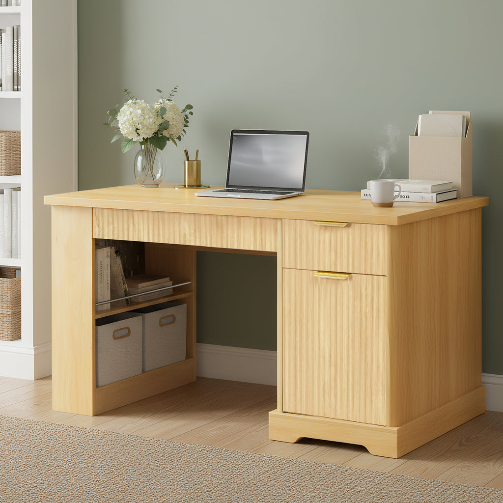 55-inch light oak fluted desk with keyboard tray and storage cabinet