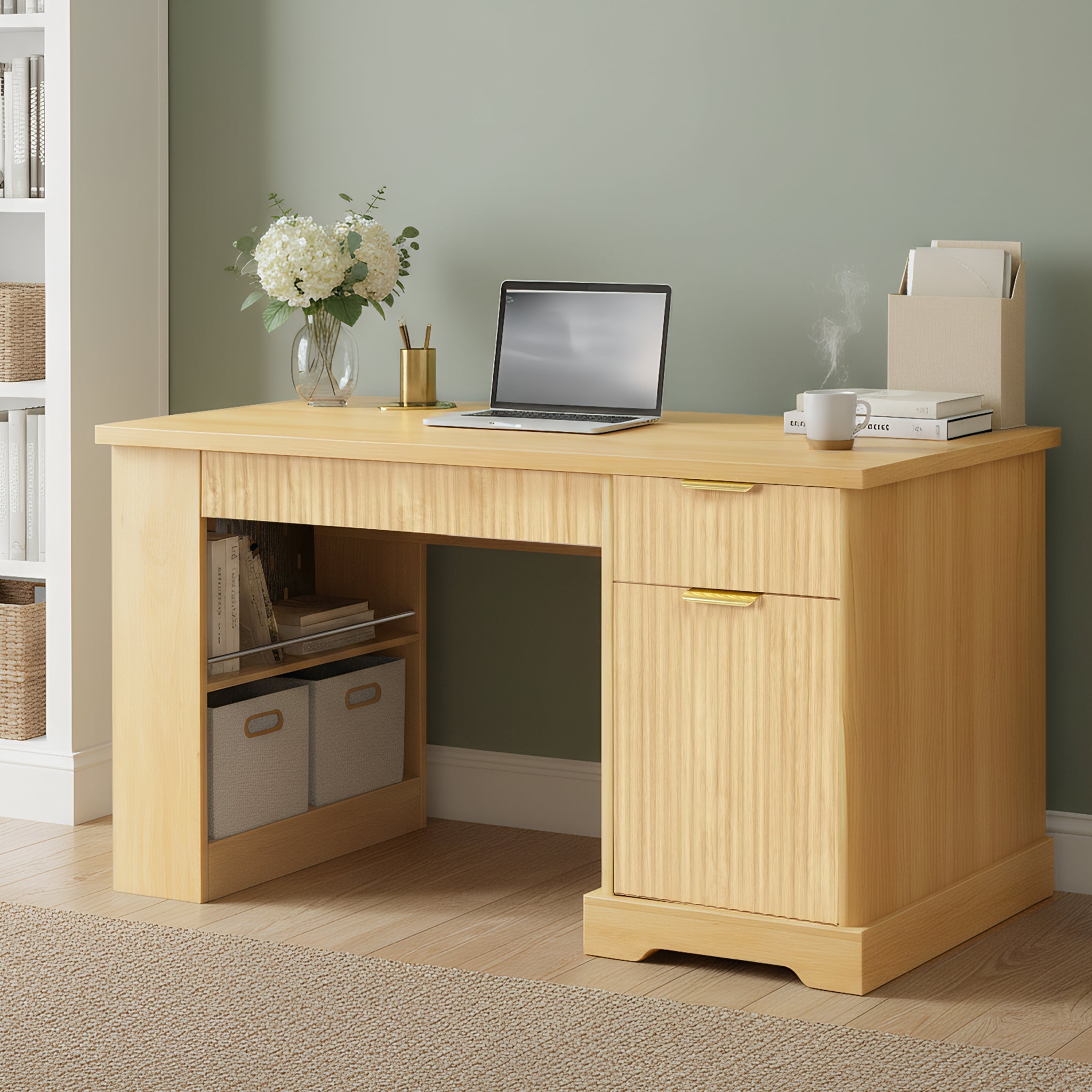 Fluted Office Desk with Pegboard, Charging Station, Keyboard Tray & Storage — 55-Inch