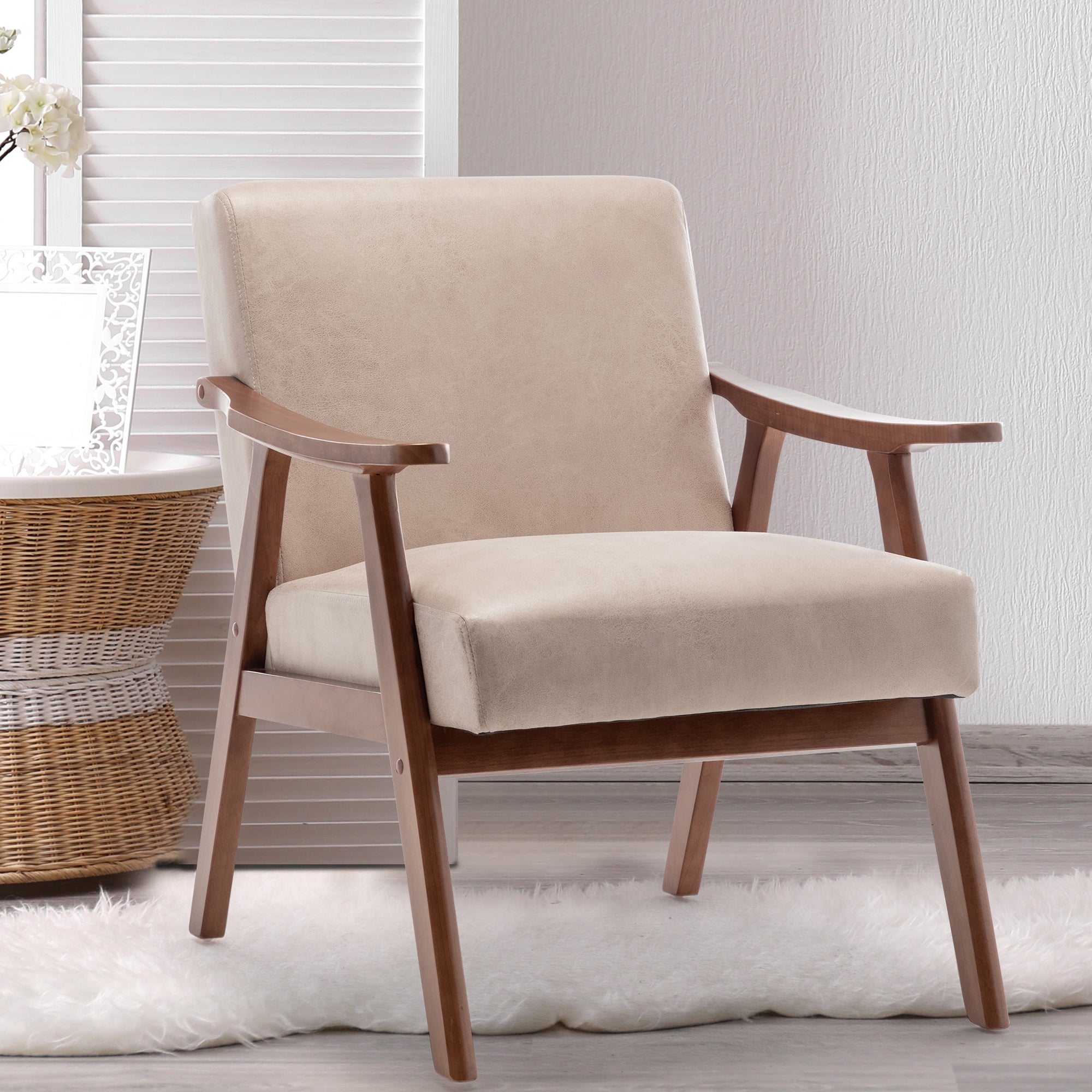 Wingback accent chair with wood frame — angle view