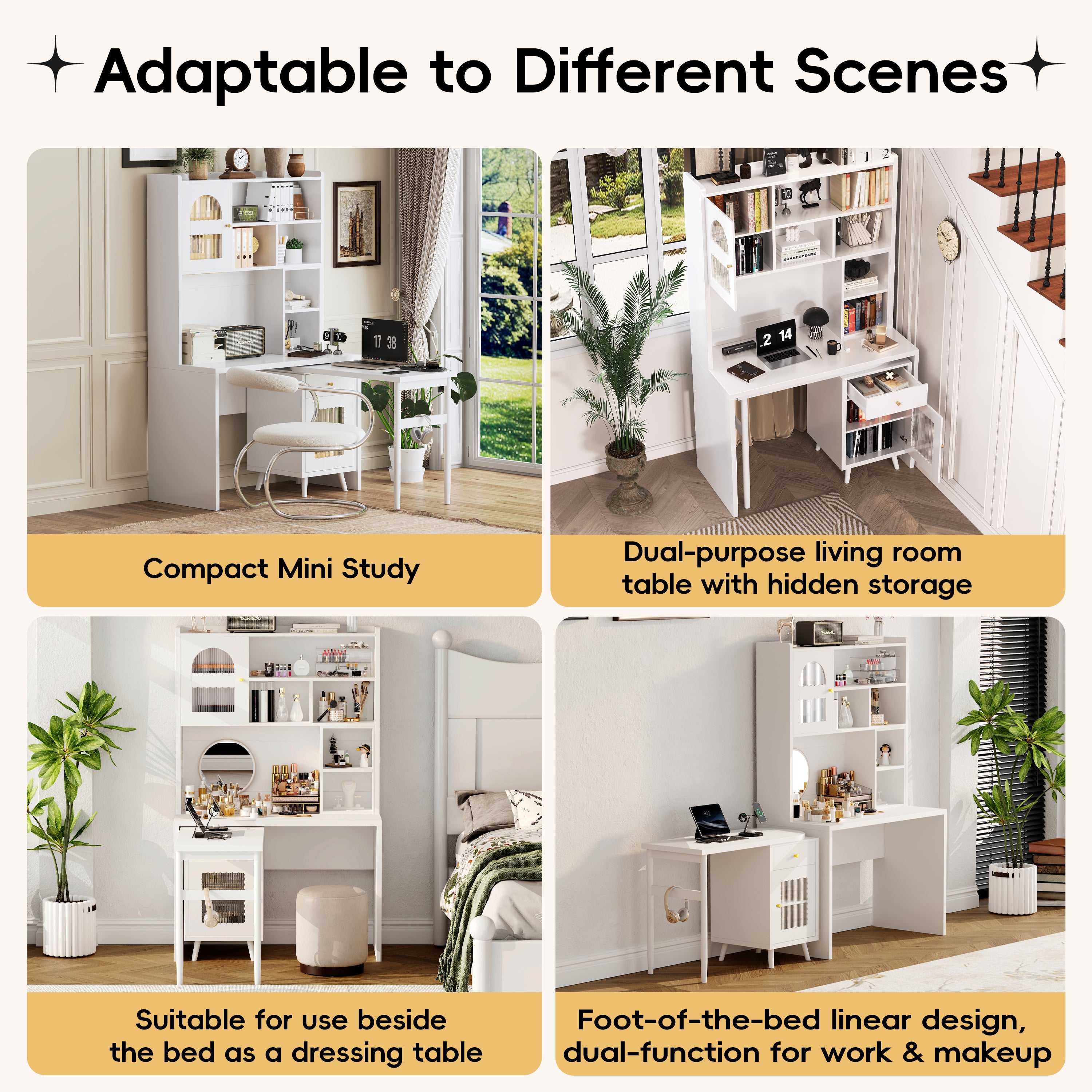 White writing desk with open shelves and cabinet storage