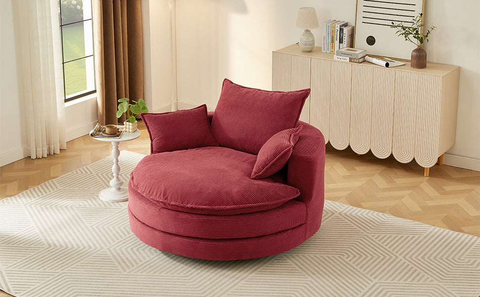 Corduroy Swivel Barrel Chair — 360° with Removable Pillows