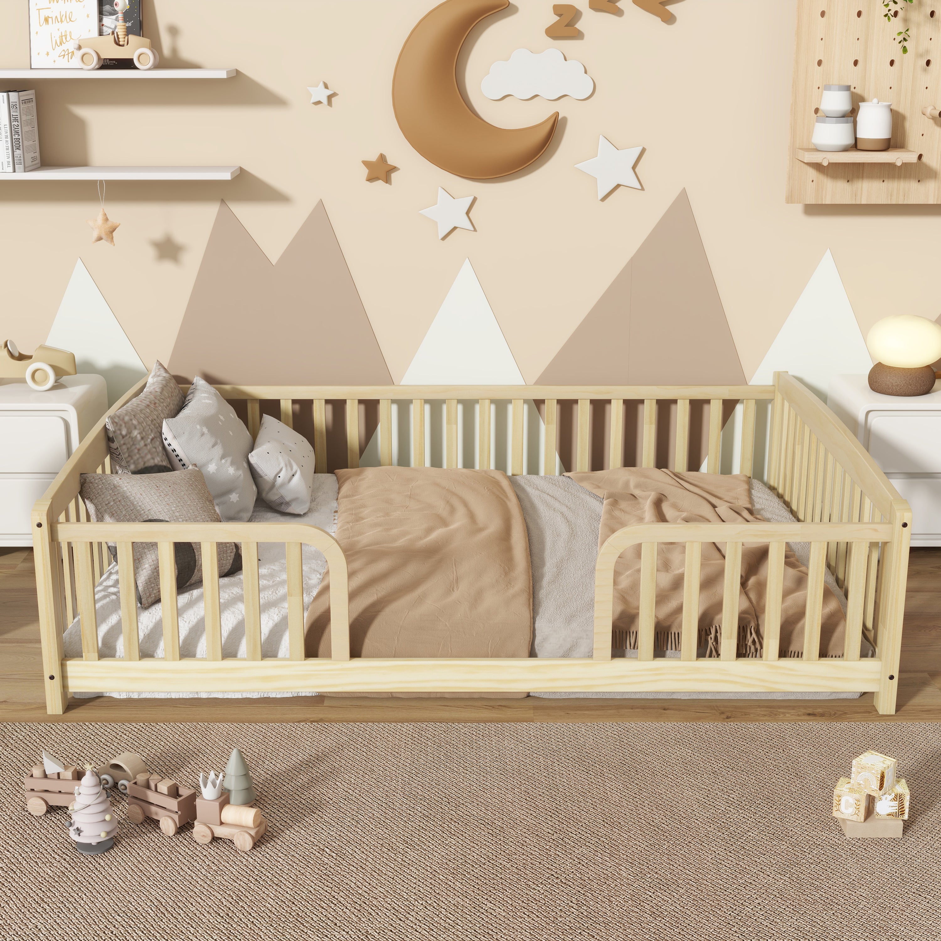 Full Size Floor Fence Bed with Central Entrance,Pine Wood Floor bed with Guardrails,Natural