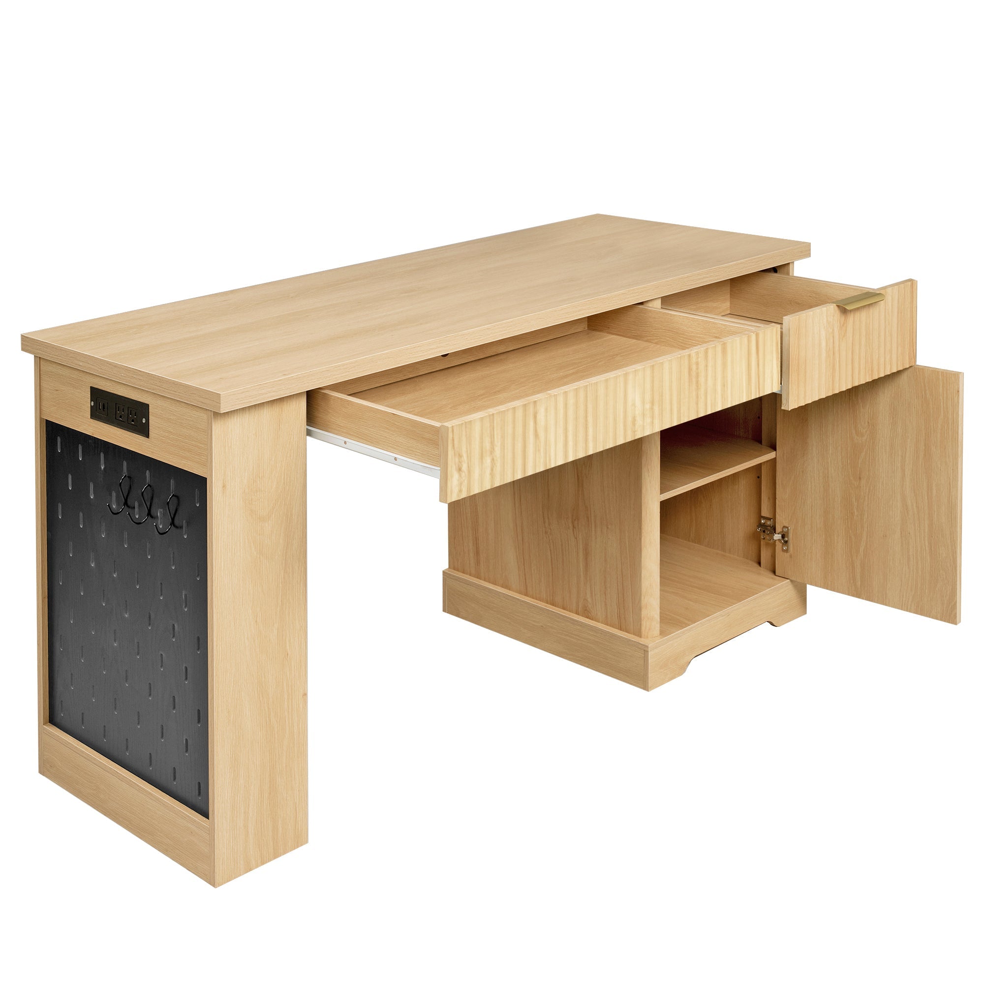Fluted Office Desk with Pegboard, Charging Station, Keyboard Tray & Storage — 55-Inch