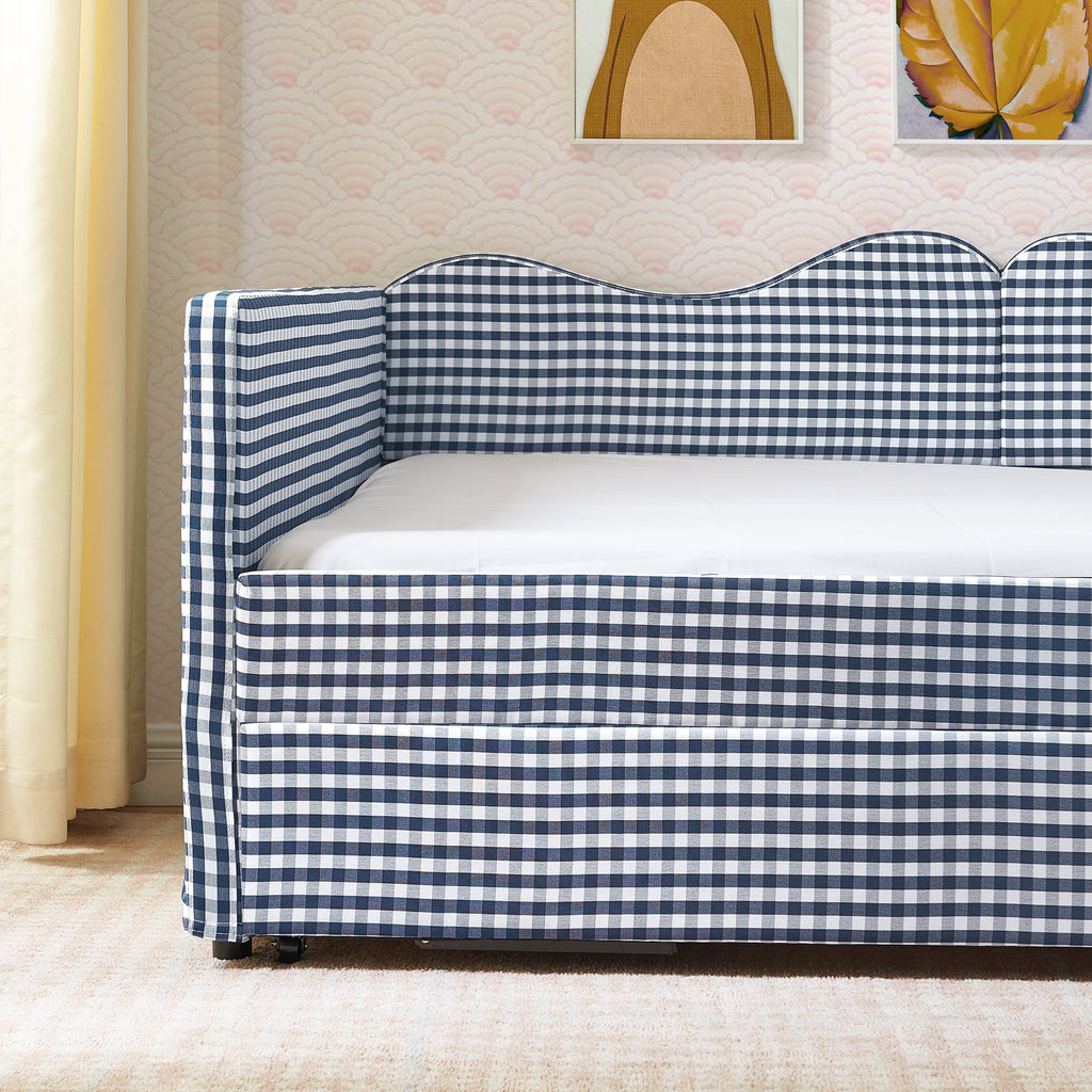 Full‑Size Daybed,Gingham Upholstered Daybed Equipped with Pull-Out Trundle Bed Frame & Side Storage Pocket, Solid Wood Frame Multi-Functional Sofa Bed for Kids Room & Guest Bedroom-PINK