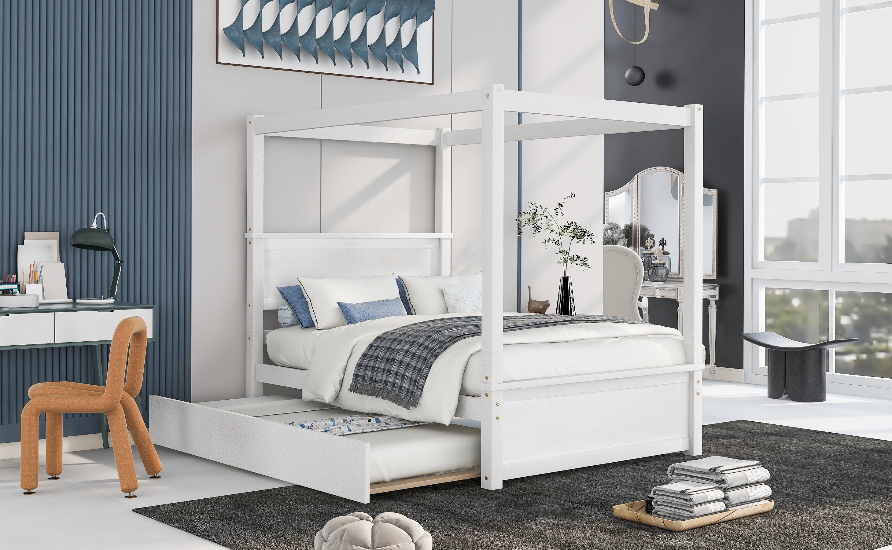 Full size canopy bed with built-in headboard and footboard