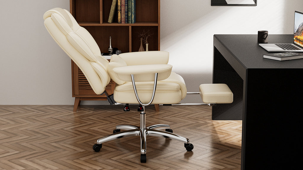 Beige leather computer chair back view