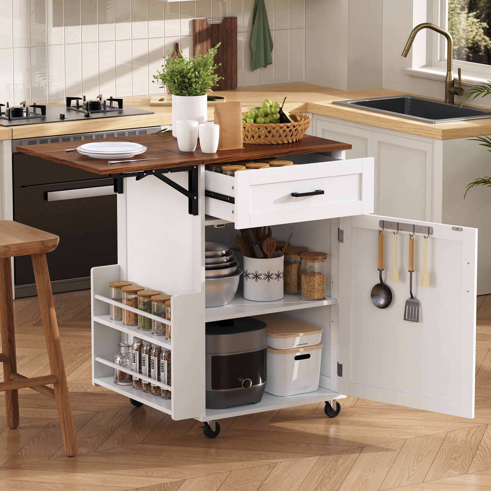 K&K 39.3' Farmhouse Kitchen Island with Drop Leaf, Kitchen Storage Island with Open Side Rack, One Drawer, Towel Rack, Rolling Kitchen Cart with Lockable Wheels for Lawn Garden, Black