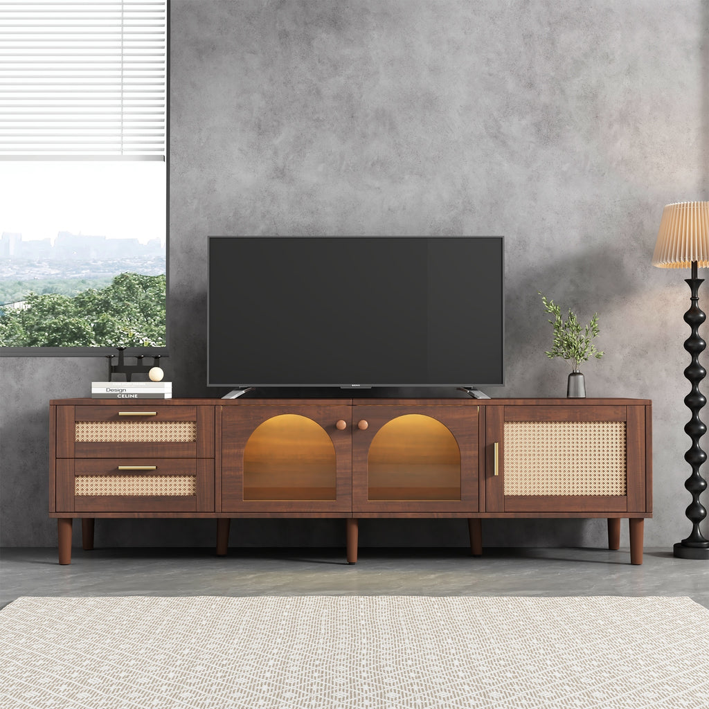 TV stand with rattan-inspired drawers and cabinets